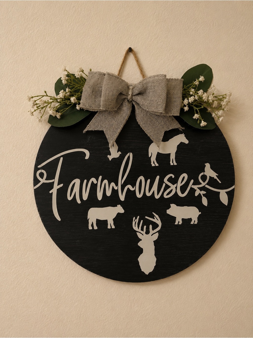Round Farmhouse Wall Sign with White Script and Animal Silhouettes